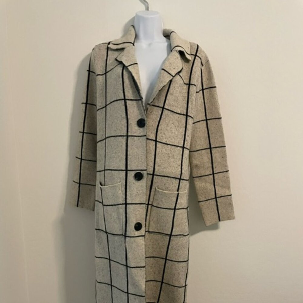 john + Jenn long sweater duster Ivory Black Windowpane Sz XS oversized! EUC